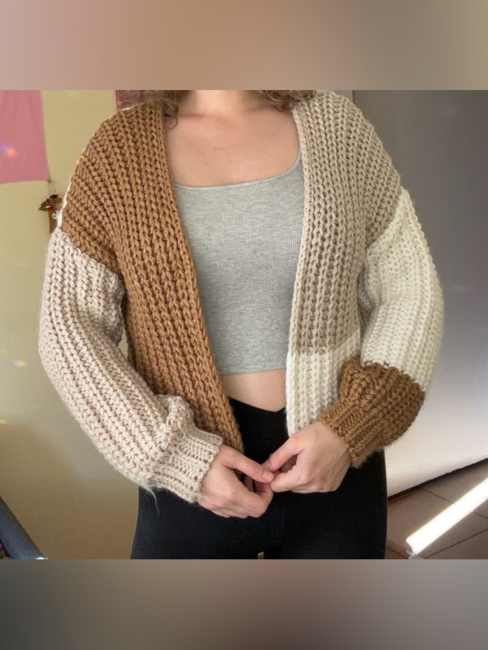 wild fable Two-Tone Cream and Brown Chunky Open Cardigan